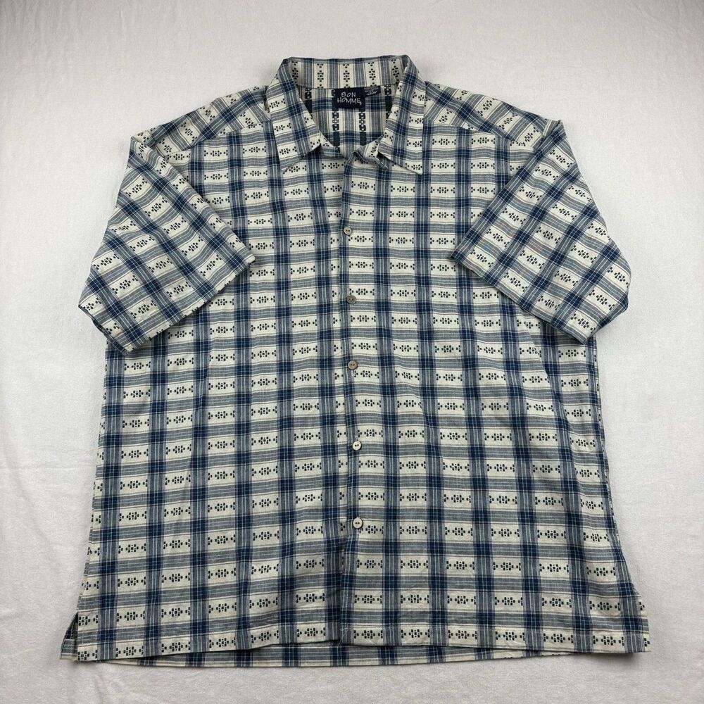 Vintage Bon Homme Button Up Shirt Mens M Blue Geometric All Over Print